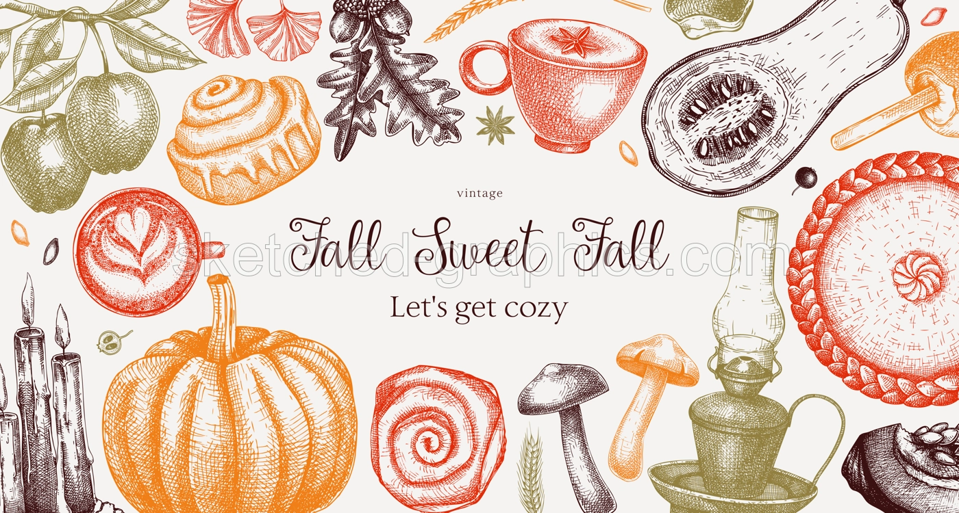 Autumn frame design template. Hand-drawn vector illustration in color. Pumpkin, hot drink, fruit, pie, pastry, fall leaves sketches. Thanksgiving background, banner, border Illustration